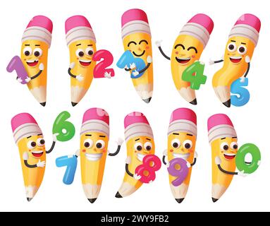 School pencil characters vector set design. Pencil cute cartoon character collection holding educational numbers isolated in white background. Vector Stock Vector