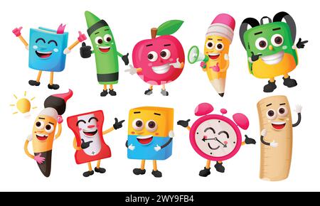 School elements characters vector set design. School supplies in cute cartoon characters like book, color, apple, bag, brush, sharpener and eraser Stock Vector