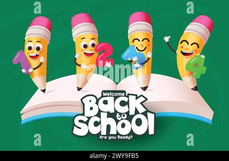 Back to school pencils characters vector design. Welcome back to school greeting with cute pencil characters in open book educational elements. Vector Stock Vector