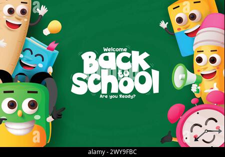 Back to school greeting vector template. Welcome back to school text with ruler, bag, books, pencil and alarm clock cartoon characters in learning Stock Vector