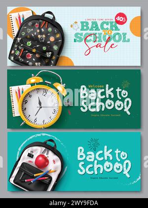 Back to school vector banner set design. Back to school sale and greeting text with school bag, alarm clock and color pencil items and elements Stock Vector