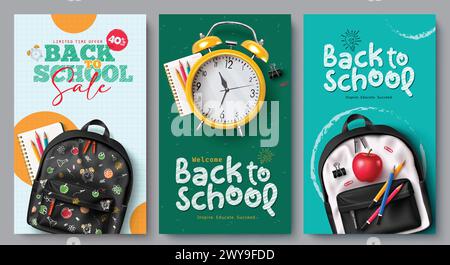 Back to school vector set poster design. Back to school sale and greeting text with school bag, alarm clock and color pencil items and elements Stock Vector
