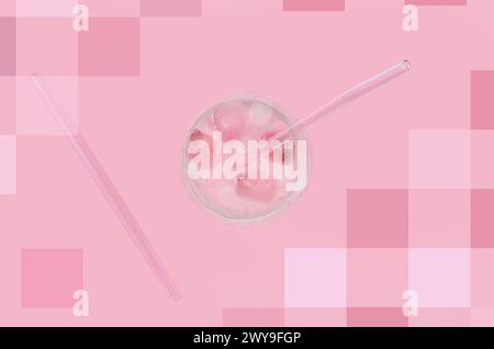 Pink cute collage, pink drink on a pink background with pink, square decorations. Stock Photo