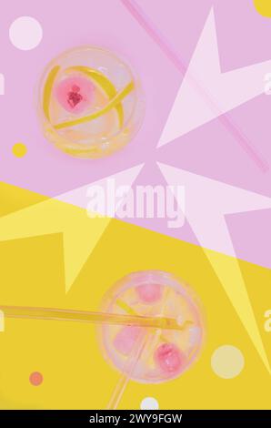 Abstraction photo mixed with graphics: drinks on pink and yellow background with different shapes. Flat lay. Stock Photo