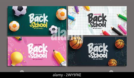 Back to school greeting vector set banner. Welcome back to school text with educational supplies and elements for teaching and learning lay out Stock Vector