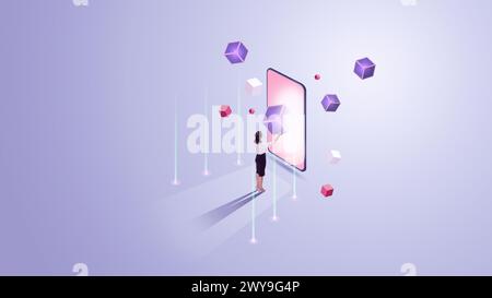 Contemporary art collage. Young woman, businesswoman stands in front of smartphone and put cube to screen against gradient background. Stock Photo