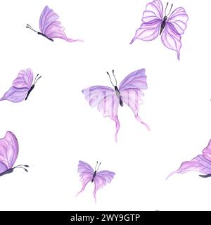 Seamless pattern of fluttering pink butterflies. Abstract watercolor tropical insects. Hand drawn illustration for textile, wedding invitation, banner Stock Photo
