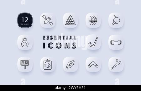 Sports set icon. American football, stand, scoreboard, plan, baseball, boomerang, hockey, kettlebell, gradient, active recreation, healthy lifestyle. Stock Vector