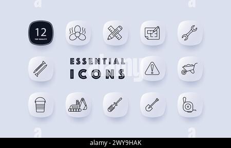 Construction set icon. Equipment, numbering, fan, heavy equipment, shovel, nails, pencil, ruler, warning sign, screwdriver, wrench. Construction equip Stock Vector