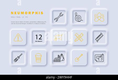 Construction set icon. Equipment, numbering, fan, heavy equipment, shovel, nails, pencil, ruler, warning sign, screwdriver, wrench. Construction equip Stock Vector