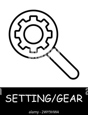 Loupe, magnifying glass icon. Gear, search, tuning, offer users the ability to customize their experience on the platform. Assistance in adjustments a Stock Vector