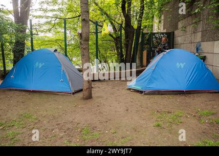 Paris, France, Group Migrants Tents Camp , Precarity, Homeless Street Scene, in BOis de Vincennes Park Stock Photo