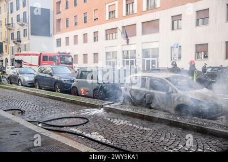 Milano, Italia. 05th Apr, 2024. Auto in fiamme in via San Marco, vigili del fuoco al lavoro per domare l'incendio - Venerd&#xec; 05 Aprile 2024(Foto Claudio Furlan/Lapresse) Credit: LaPresse/Alamy Live News Stock Photo