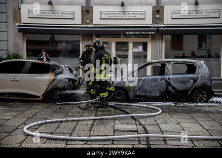 Milano, Italia. 05th Apr, 2024. Auto in fiamme in via San Marco, vigili del fuoco al lavoro per domare l'incendio - Venerd&#xec; 05 Aprile 2024(Foto Claudio Furlan/Lapresse) Credit: LaPresse/Alamy Live News Stock Photo