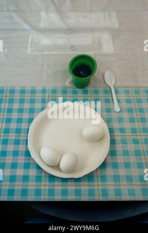 White hard boiled eggs ready to be dyed for Easter Stock Photo