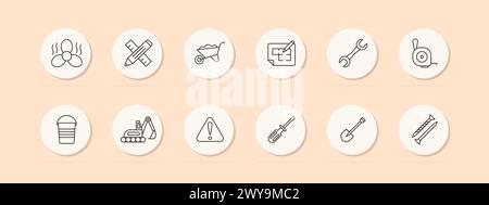 Construction set icon. Equipment, numbering, fan, heavy equipment, shovel, nails, pencil, ruler, warning sign, screwdriver, wrench. Construction equip Stock Vector