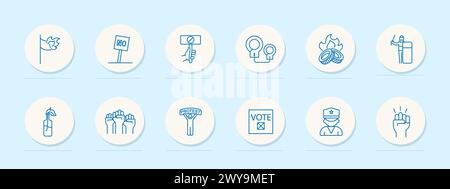Uprising icon set. Flag, fire, banner, no, ban, handcuffs, police, burning tires, voice, man, silhouette, Molotov cocktail, blue. The concept of the f Stock Vector