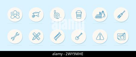 Construction set icon. Equipment, numbering, fan, heavy equipment, shovel, nails, pencil, ruler, warning sign, screwdriver, wrench. Construction equip Stock Vector