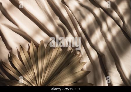 Dry tropical palm leaf on soft fabric with large folds in sunlight Stock Photo