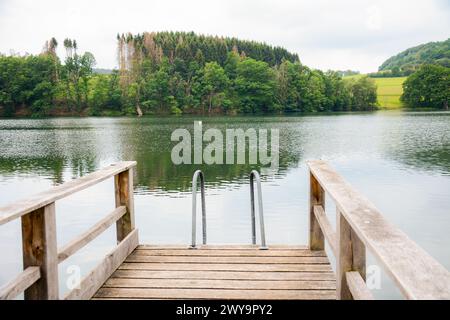 View from dock on calm lake with trees and meadows on cloudy day Stock Photo