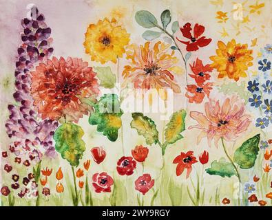 Garden painting with a lot of colorful flowers. The dabbing technique near the edges gives a soft focus effect due to the altered surface roughness of Stock Photo