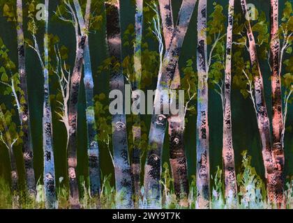 Birch tree forest painting in the blue hour. The dabbing technique near the edges gives a soft focus effect due to the altered surface roughness of th Stock Photo