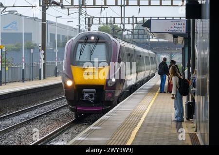 Class 222 Meridian train in East Midlands Railway livery at Luton Airport Parkway station, England. Stock Photo