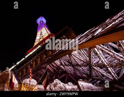 Eiffel Tower replica in Las Vegas at night taken from below Stock Photo