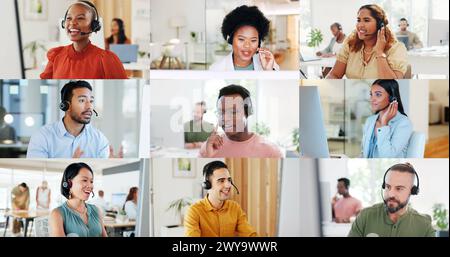 Call center, collage and people in office for customer service, consulting and telemarketing company. Communication, diversity and men and woman Stock Photo