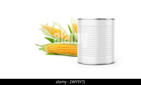 Canned Corn Grain Mockup Isolated on White Background Stock Photo