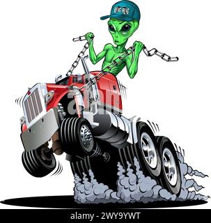 Vector cartoon alien drives a semi truck. Available EPS-10 vector format separated by groups and layers for easy edit Stock Vector