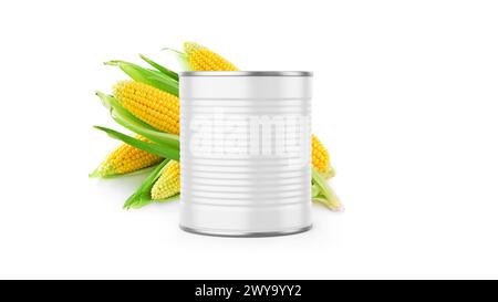 Canned Corn Grain Mockup Isolated on White Background Stock Photo