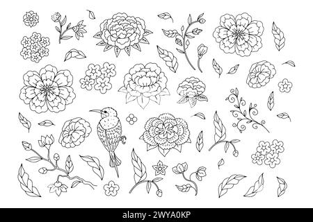 Set of monochrome black and white floral chinoiserie style flowers Stock Vector