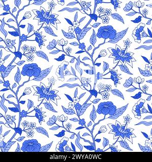 Seamless pattern with monochrome blue chinoiserie hand drawn motifs Stock Vector
