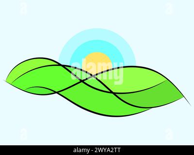 Wavy landscape with green hills and the sun. Dawn with green meadows in a minimalist style. Dawn over green fields. Design for posters, prints and ban Stock Vector