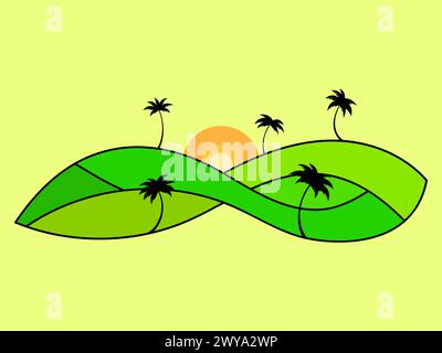 Tropical landscape with palm trees and sun. Wavy landscape with green hills and the sun on the horizon. Dawn over green fields. Design for posters, pr Stock Vector