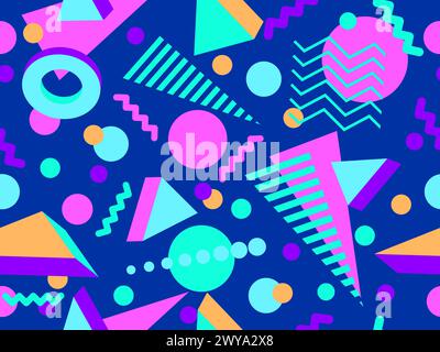 Geometric seamless pattern with 3D shapes in the style of the 80s and 90s. Isometric 3D shapes in Memphis style. Design of promotional products, wrapp Stock Vector