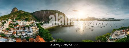 Aerial drone panorama of Urca neighbourhood and surrounding Botafogo and Guanabara Bay, UNESCO World Heritage Site, between the Mountain and the Sea, Stock Photo