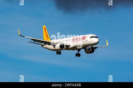An Airbus A321-251NX (Airbus A321neo) operated by Pegasus Airlines is on final approach to Zurich Airport. Registration TC-RDK. (Zurich, Switzerland, Stock Photo