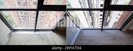 View of Comparison of apartment room with large panoramic window before and ...