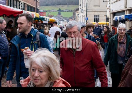 Union Street busy with people at Stroud Farmers Market on 30th March 2024 in Stroud, United Kingdom. Stroud is a market town and civil parish in Gloucestershire, known particularly for its thriving farmers market which takes place every Saturday, specialising in the best local produce. Stock Photo