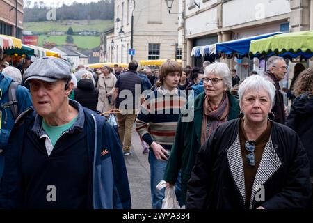 Union Street busy with people at Stroud Farmers Market on 30th March 2024 in Stroud, United Kingdom. Stroud is a market town and civil parish in Gloucestershire, known particularly for its thriving farmers market which takes place every Saturday, specialising in the best local produce. Stock Photo