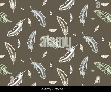 Seamless pattern with delicate feathers in doodle style on a white background, drawn in black ink. Brush and paint texture. Vector illustrations for t Stock Vector