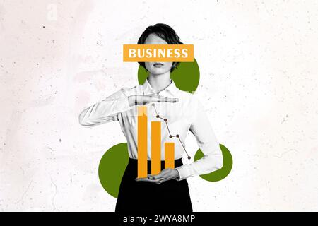 Trend artwork composite sketch photo collage of silhouette young business lady stand ohold in hand graphics statistic go down decrease Stock Photo