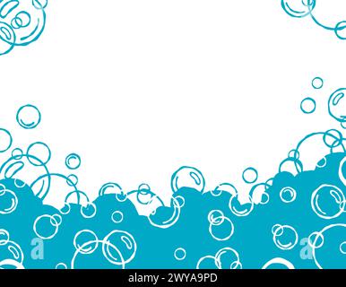 Bubble soap background, cartoon blue water foam, Cartoon soap bubble blue background, bath foam frame, shower water pattern, laundry transparent suds. Stock Vector