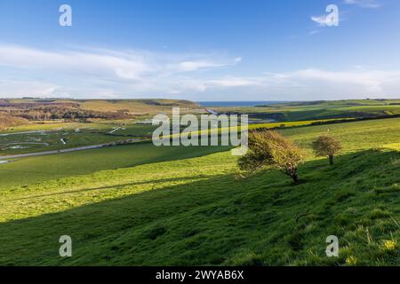 A rural Sussex landscape looking towards the coast, with a blue sky overhead Stock Photo