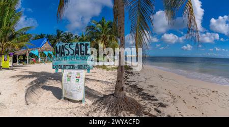 View of rustic massage sign on beach near Puerto Morelos, Caribbean Coast, Yucatan Peninsula, Mexico, North America Copyright: FrankxFell 844-32724 Stock Photo