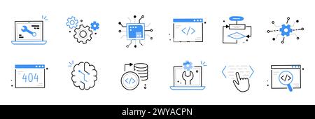 Software code icon doodle set. Hand drawn line sketch software coding doodle. Computer program build technology, data operate, application product test icon. Program build vector illustration Stock Vector