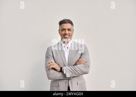Happy middle aged business man isolated on white background, portrait. Stock Photo