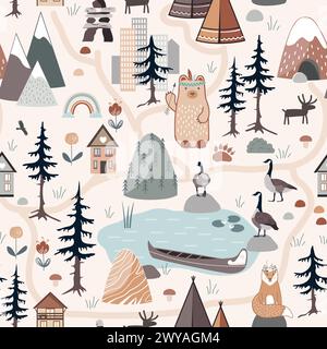 Wild nature seamless pattern. Forest, mountains, Indian teepee and canoe, houses and animals. Background for adventure cards, preschool and children Stock Vector